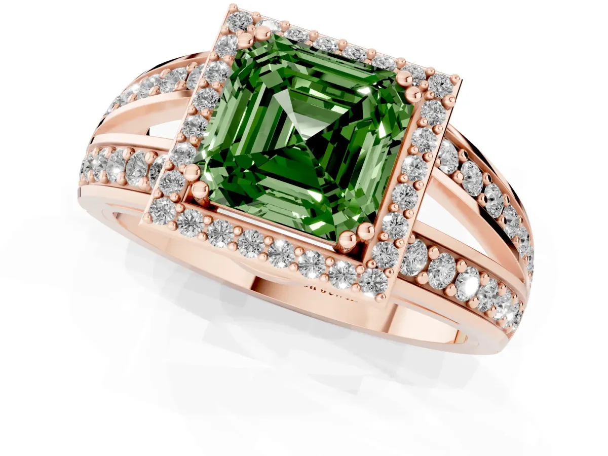 Fancy Green Asscher Cut Diamond Halo Ring with Split Shank Pavé Band and Four-Prong Setting Rose gold