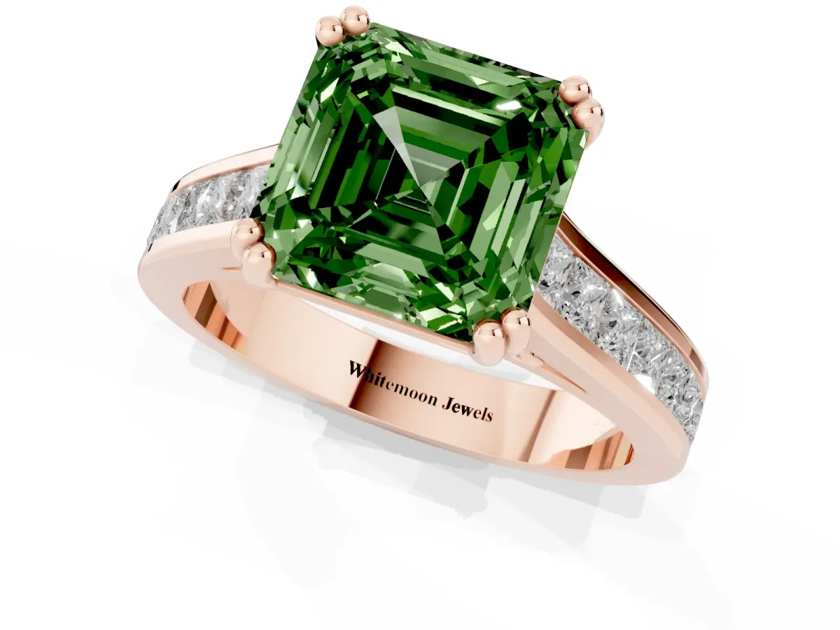 Fancy Green Asscher Cut Cut Channel Set Solitaire Engagement Ring with Prong Setting Rose gold