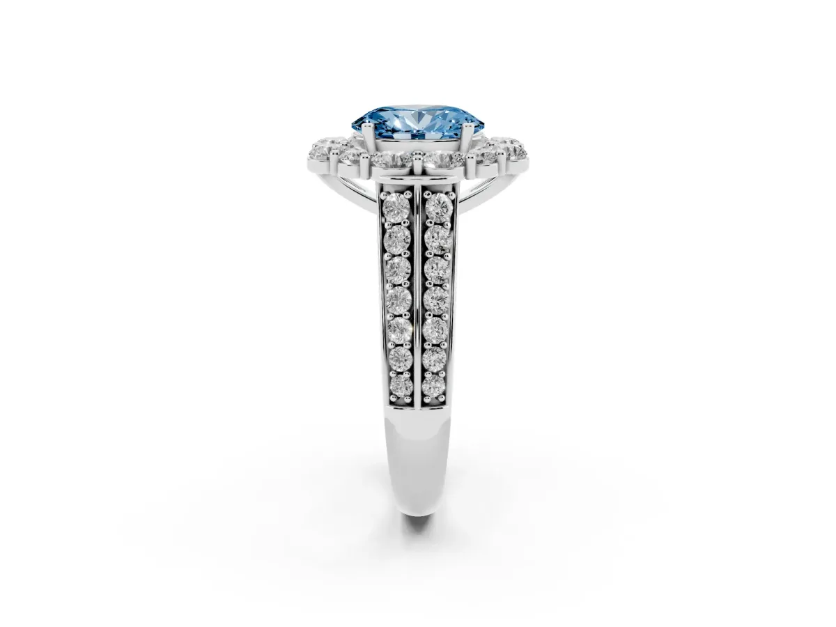 Fancy Blue Oval Cut Halo Diamond Engagement Ring with Split Shank and Prong Setting Silver
