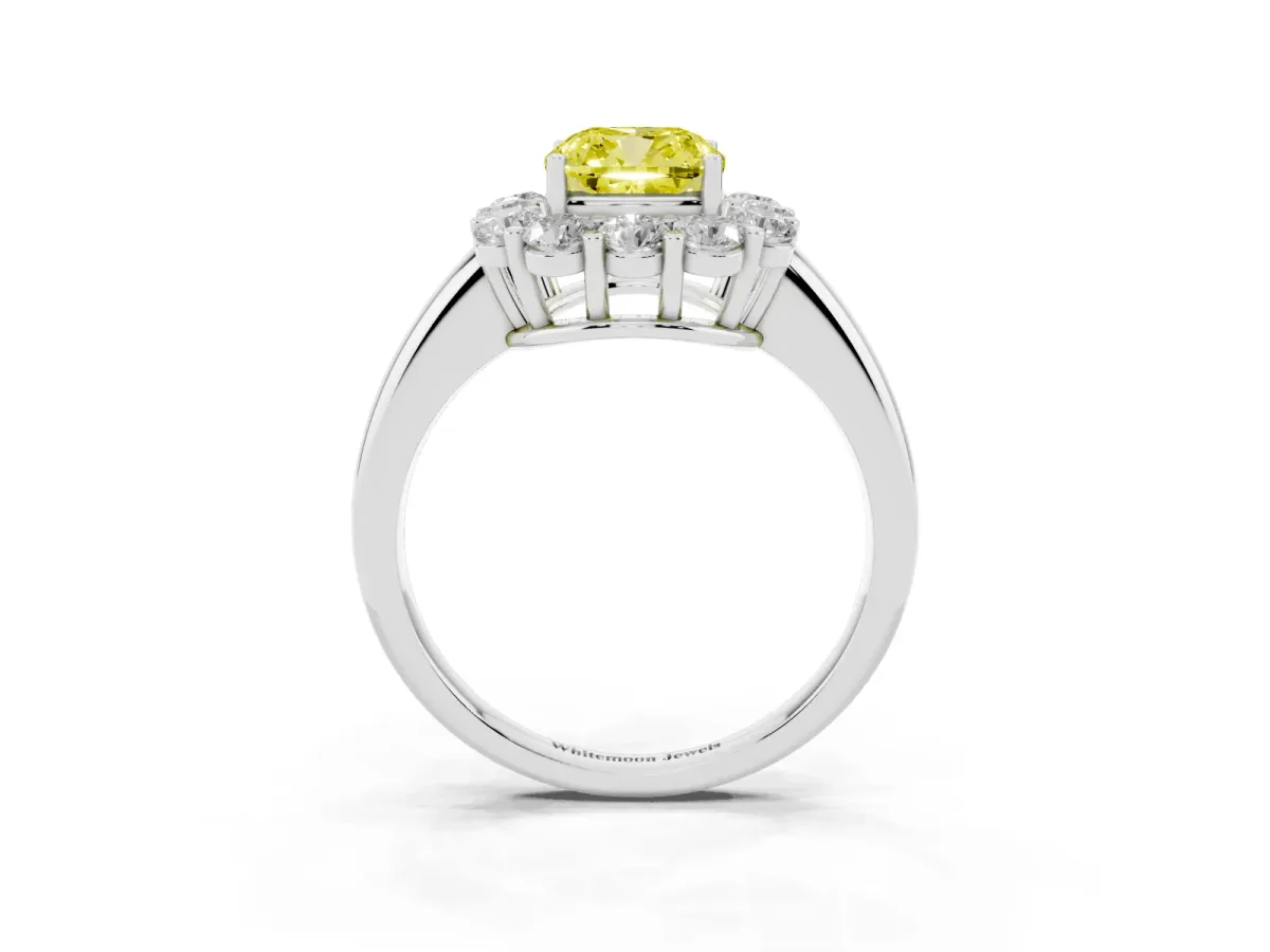 Fancy Yellow Cushion Cut Halo Cluster Diamond Engagement Ring with Prong Setting and Polished Band Silver
