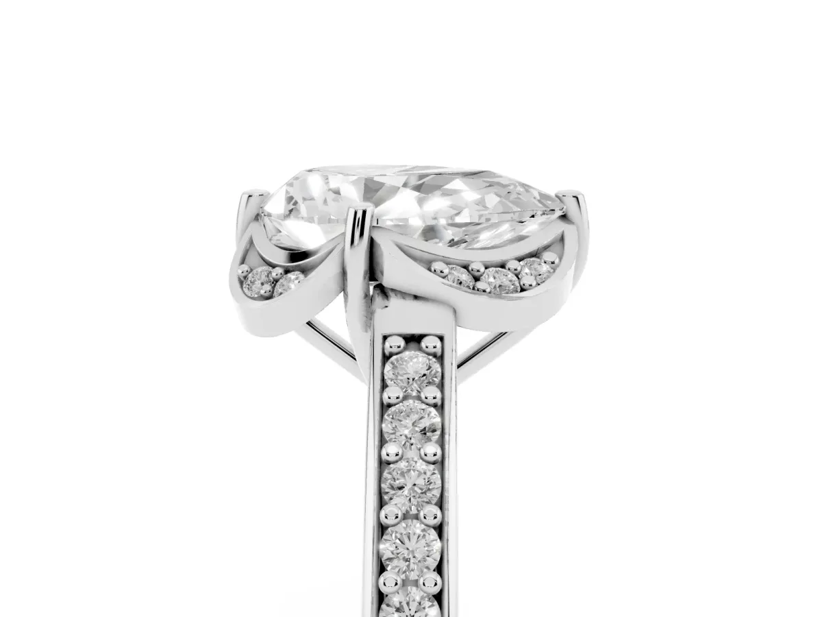 Pear Cut Cut Halo Diamond Ring with Channel Set Band and Four-Prong Setting Silver