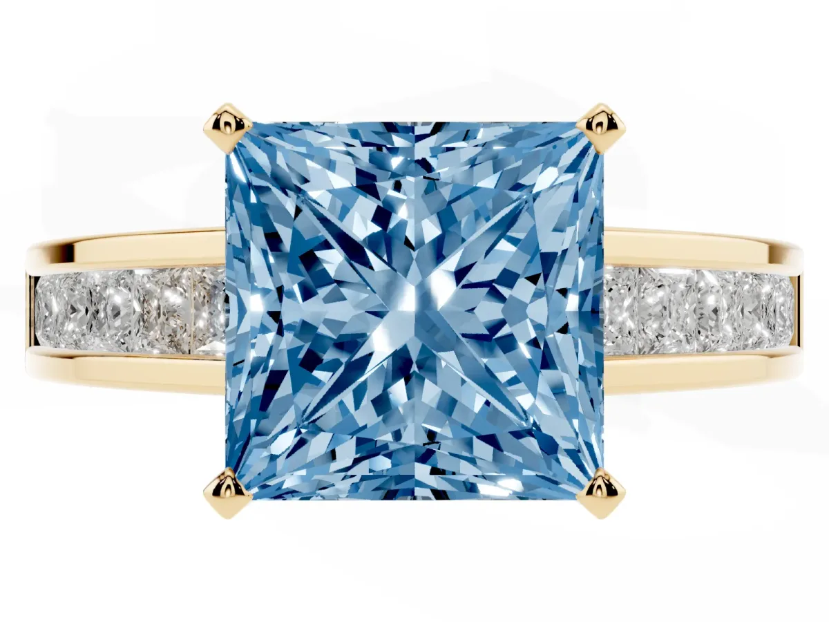 Fancy Blue Princess Cut Solitaire Diamond Ring with Channel-Set Band and Four-Prong Setting Yellow gold