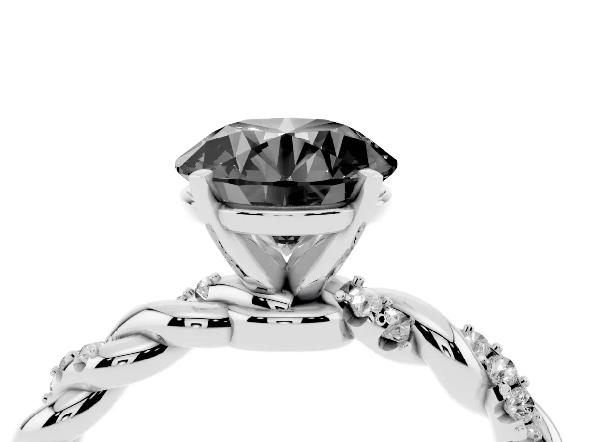 Fancy Black Round Cut Diamond Solitaire Ring with Twisted Band and Pavé Accents Platinum