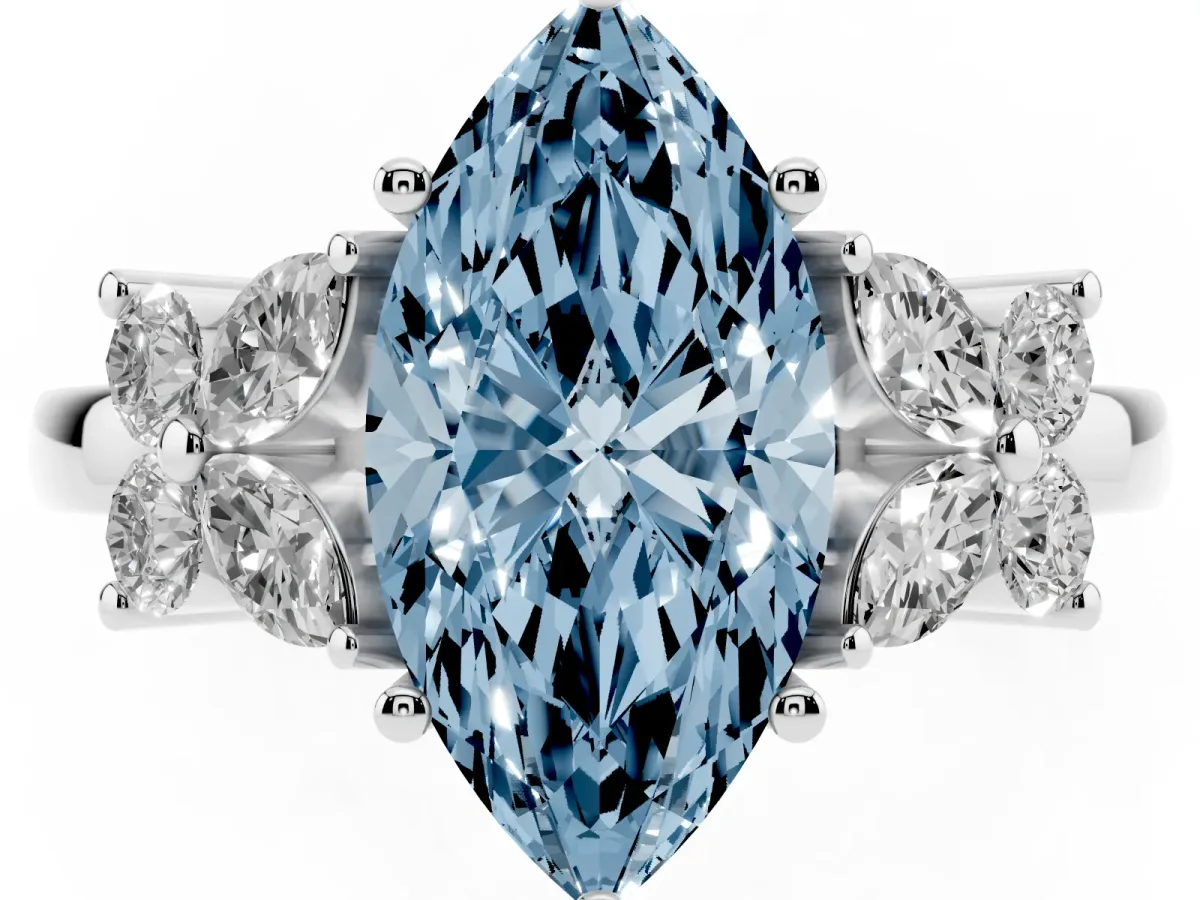 Fancy Blue Marquise Cut Diamond Floral Cluster Ring with Solitaire Band and Prong Setting Silver