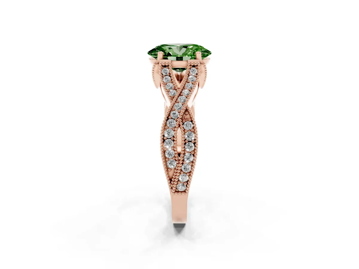 Fancy Green Oval Cut Cut Diamond Twisted Band with Milgrain Pave Setting and Four-Prong Setting Rose gold