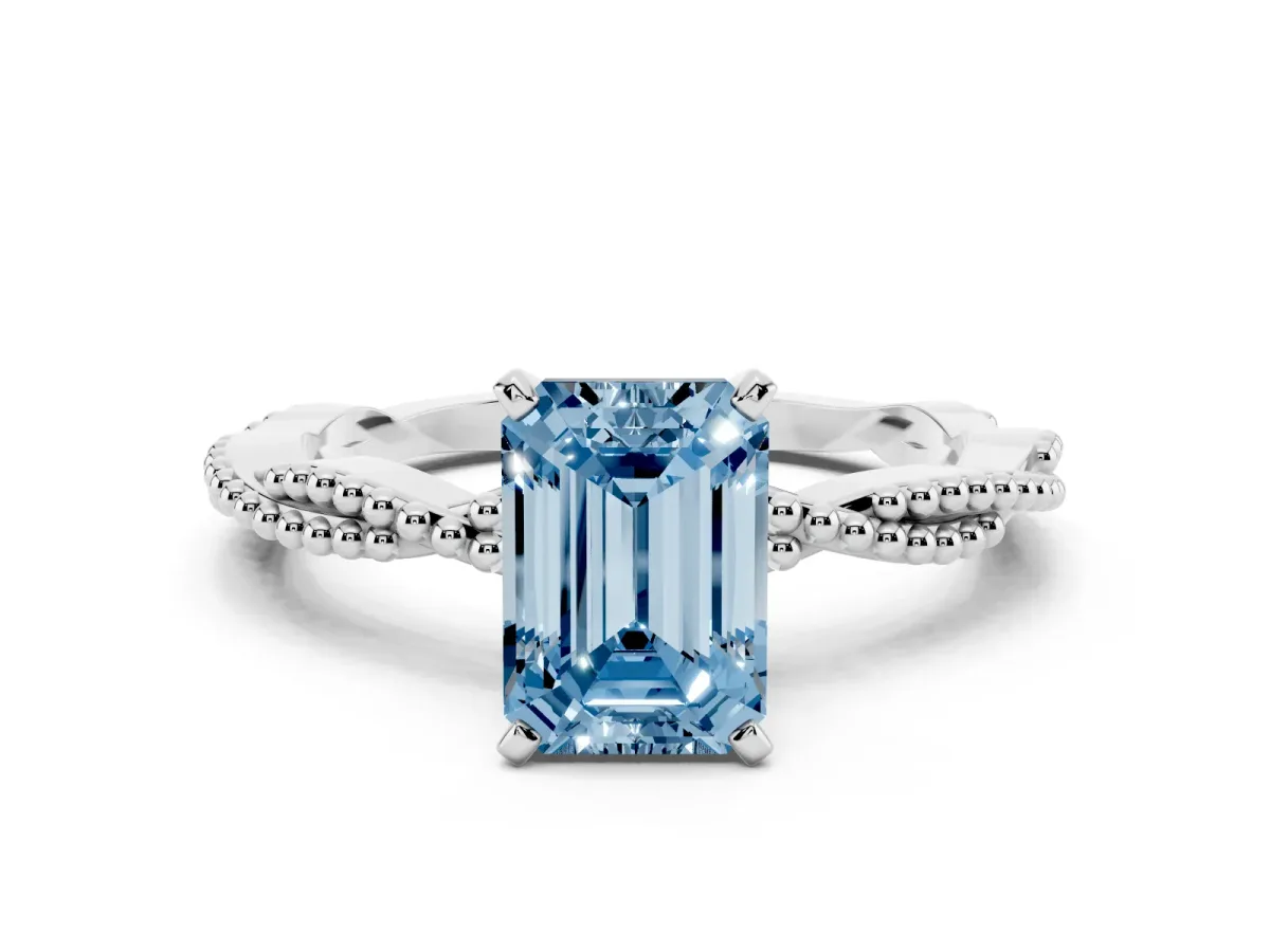Fancy Blue Emerald Cut Solitaire Twisted Band with Bead Prong Setting Silver