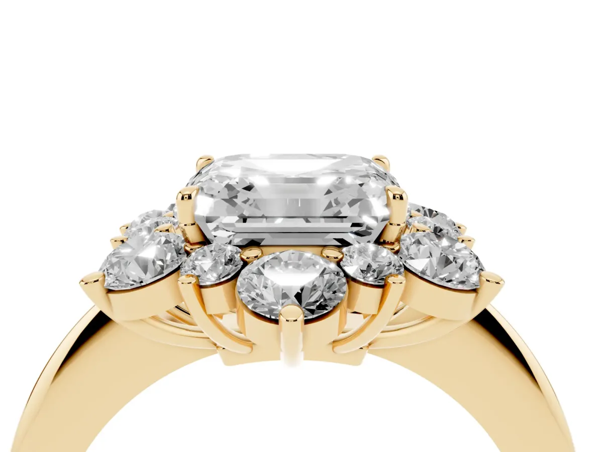 Asscher Cut Diamond Cluster Halo Ring with Solitaire Band and Four-Prong Setting Yellow gold
