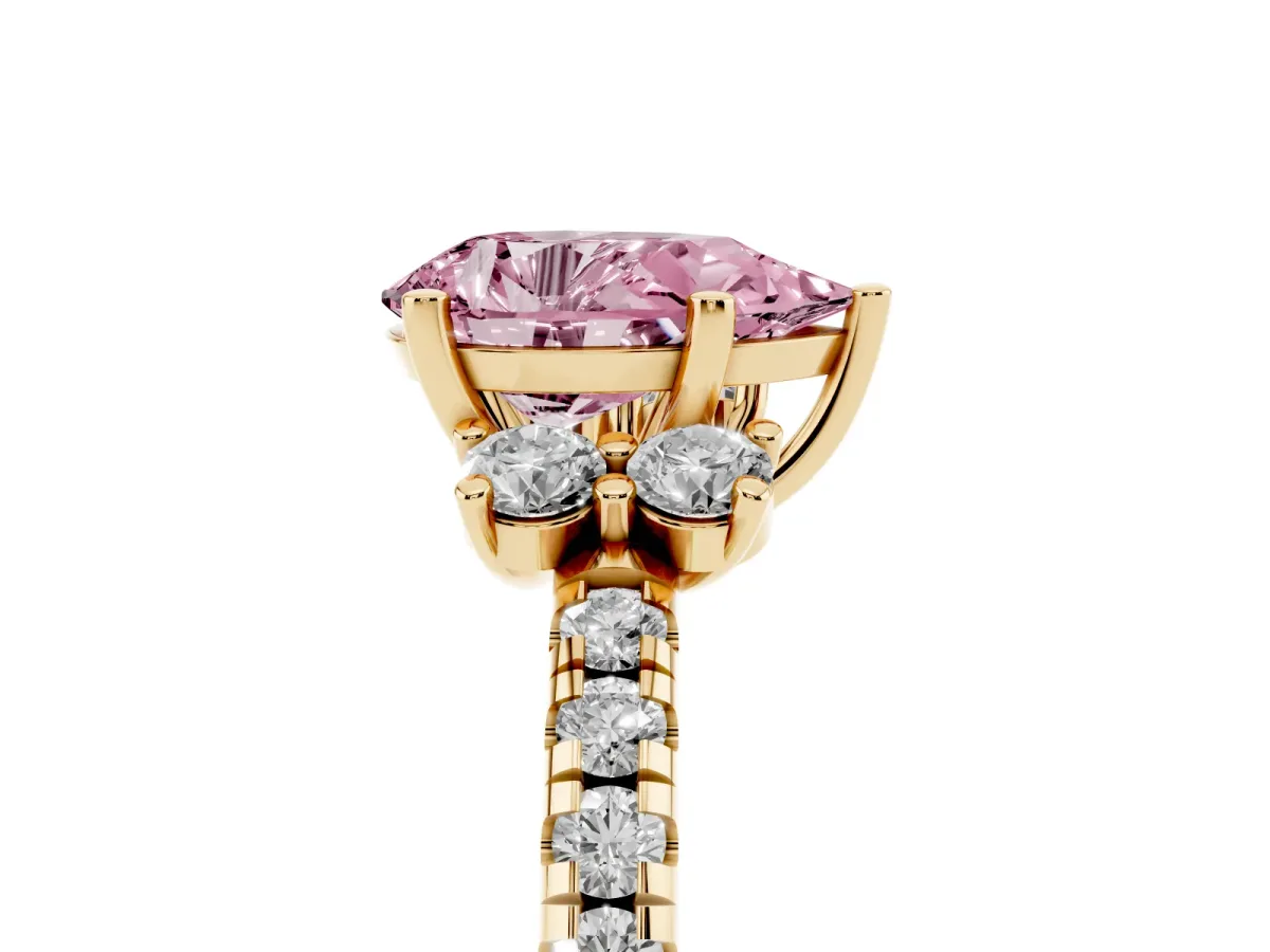 Fancy Pink Pear Cut Diamond Three-Stone Pave Band with Four-Prong Setting Yellow gold