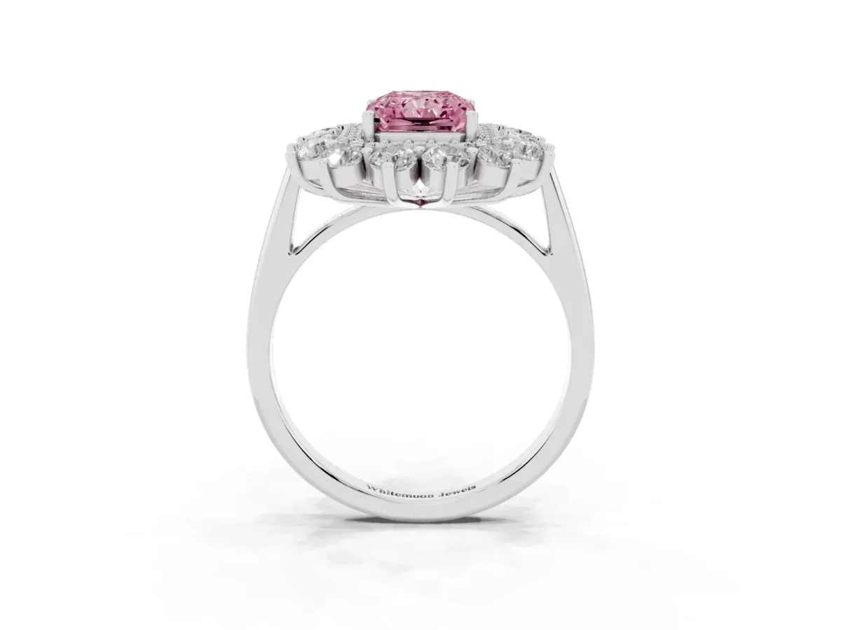Fancy Pink Radiant Cut Diamond Floral Double Halo Engagement Ring with Prong Setting Silver