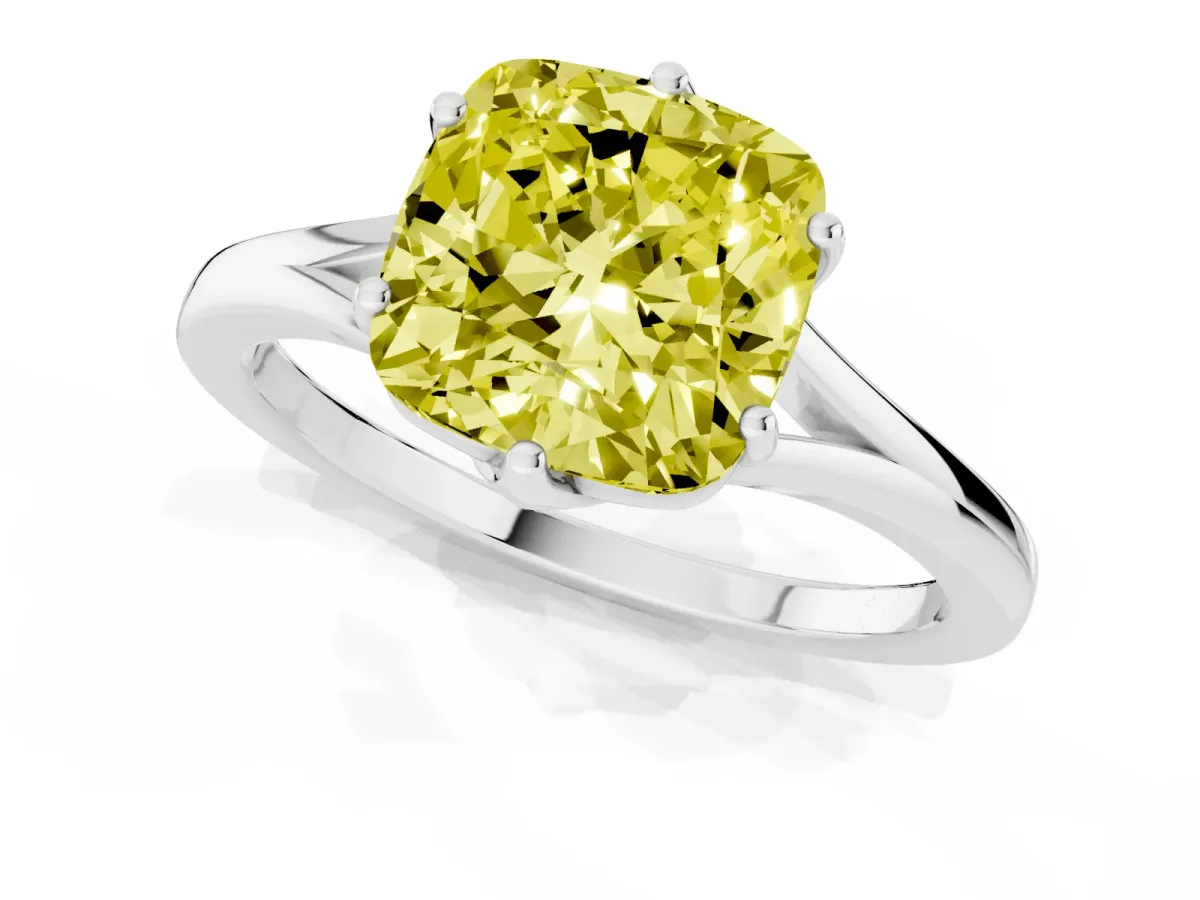 Fancy Yellow Cushion Cut Solitaire Diamond Ring with Six-Prong Setting and Tapered Band Silver