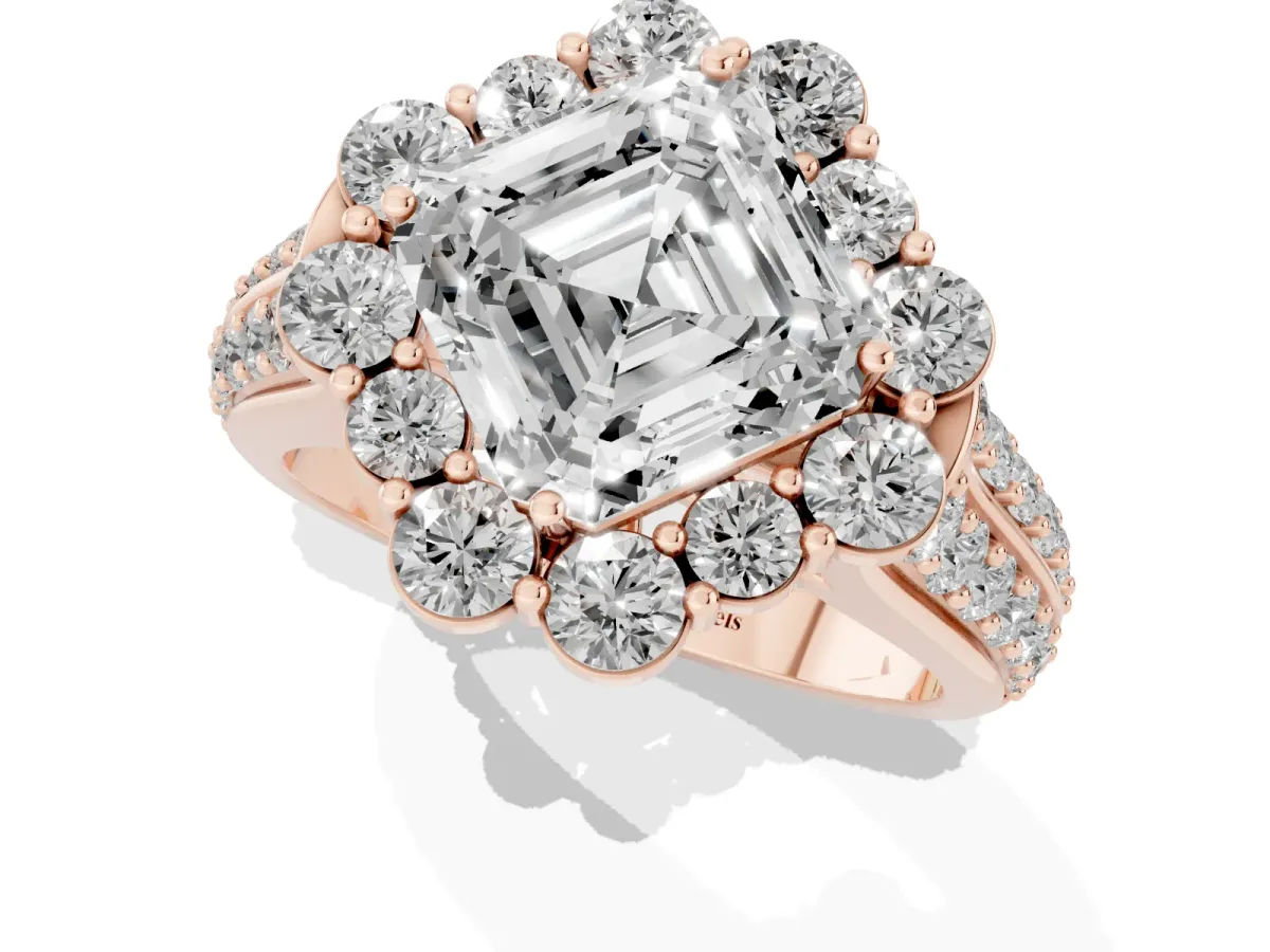 Asscher Cut Halo Diamond Engagement Ring with Split Shank and Prong Setting Rose gold