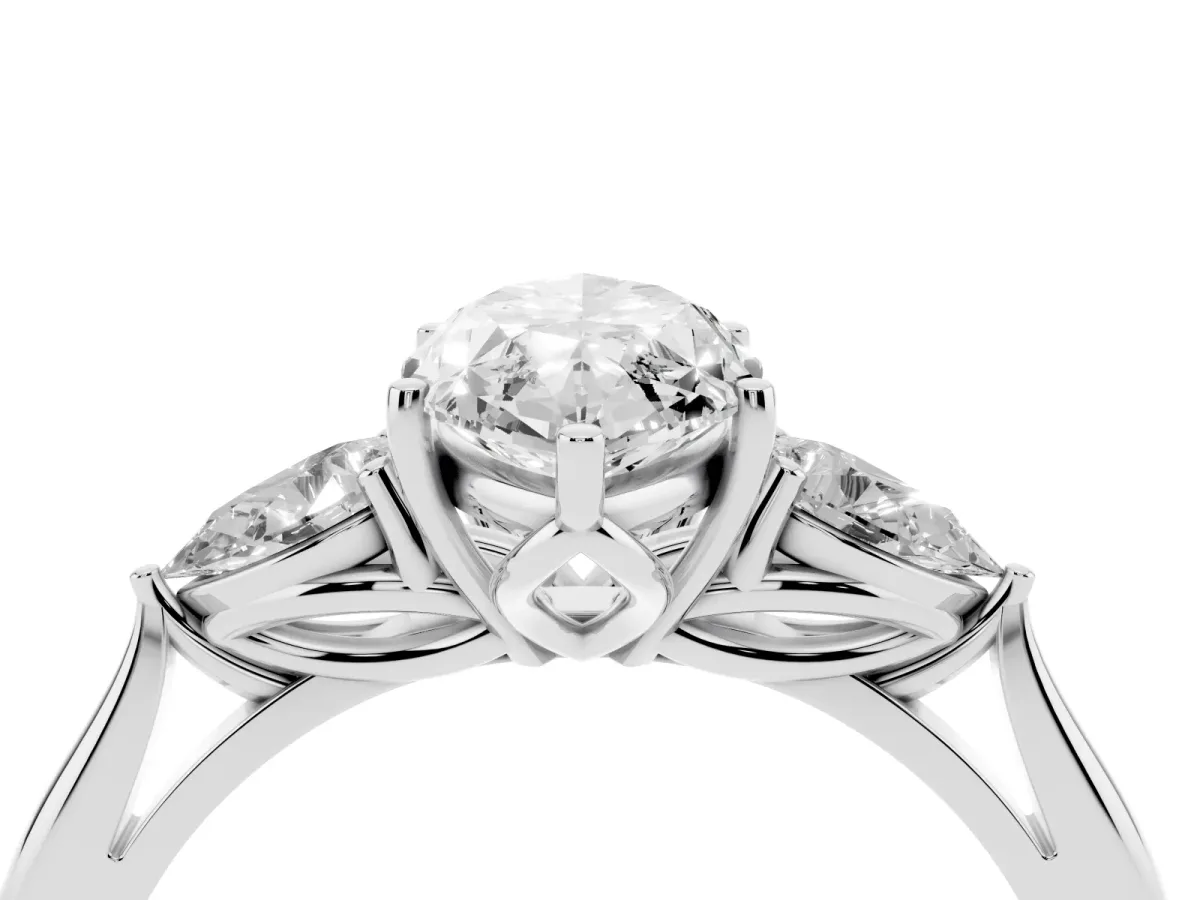 Three-Stone Marquise Cut Brilliant Diamond Solitaire Ring with Tapered Band and Four-Prong Setting White gold