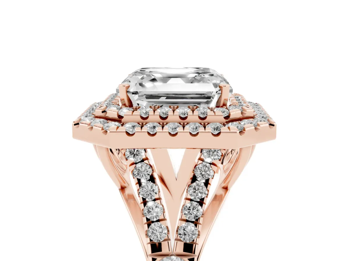 Asscher Cut Diamond Pavé Split Shank Double Halo Engagement Ring Rose gold