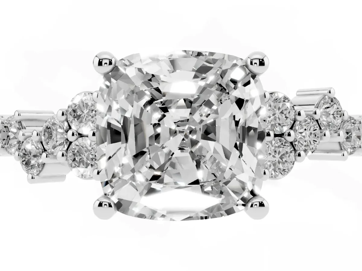 Cushion Cut Diamond Scattered Round Accent Ring with Prong Setting Silver