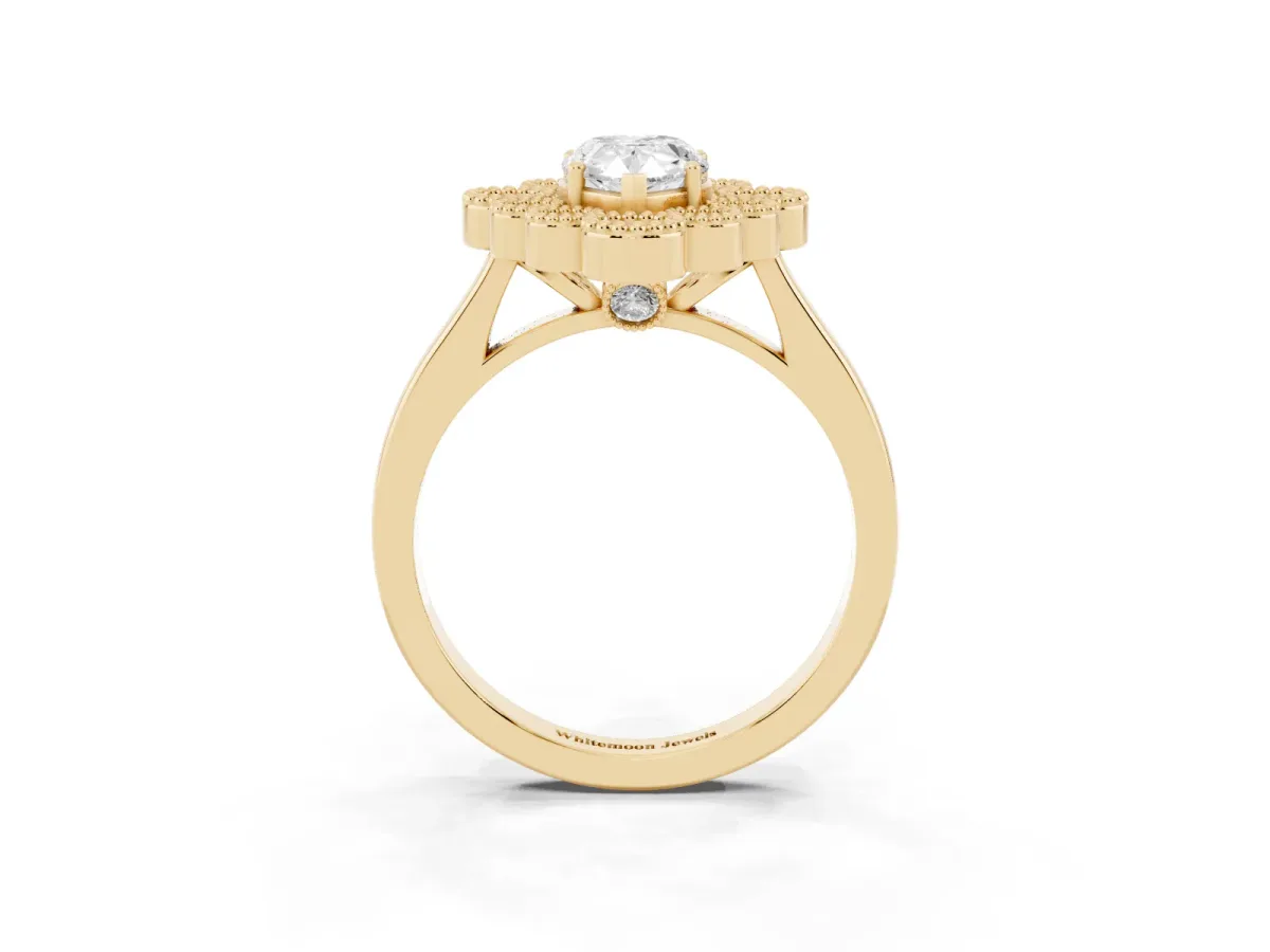 Pear Cut Halo Diamond Cluster Engagement Ring with Milgrain Bezel Setting and Solitaire Band Yellow gold