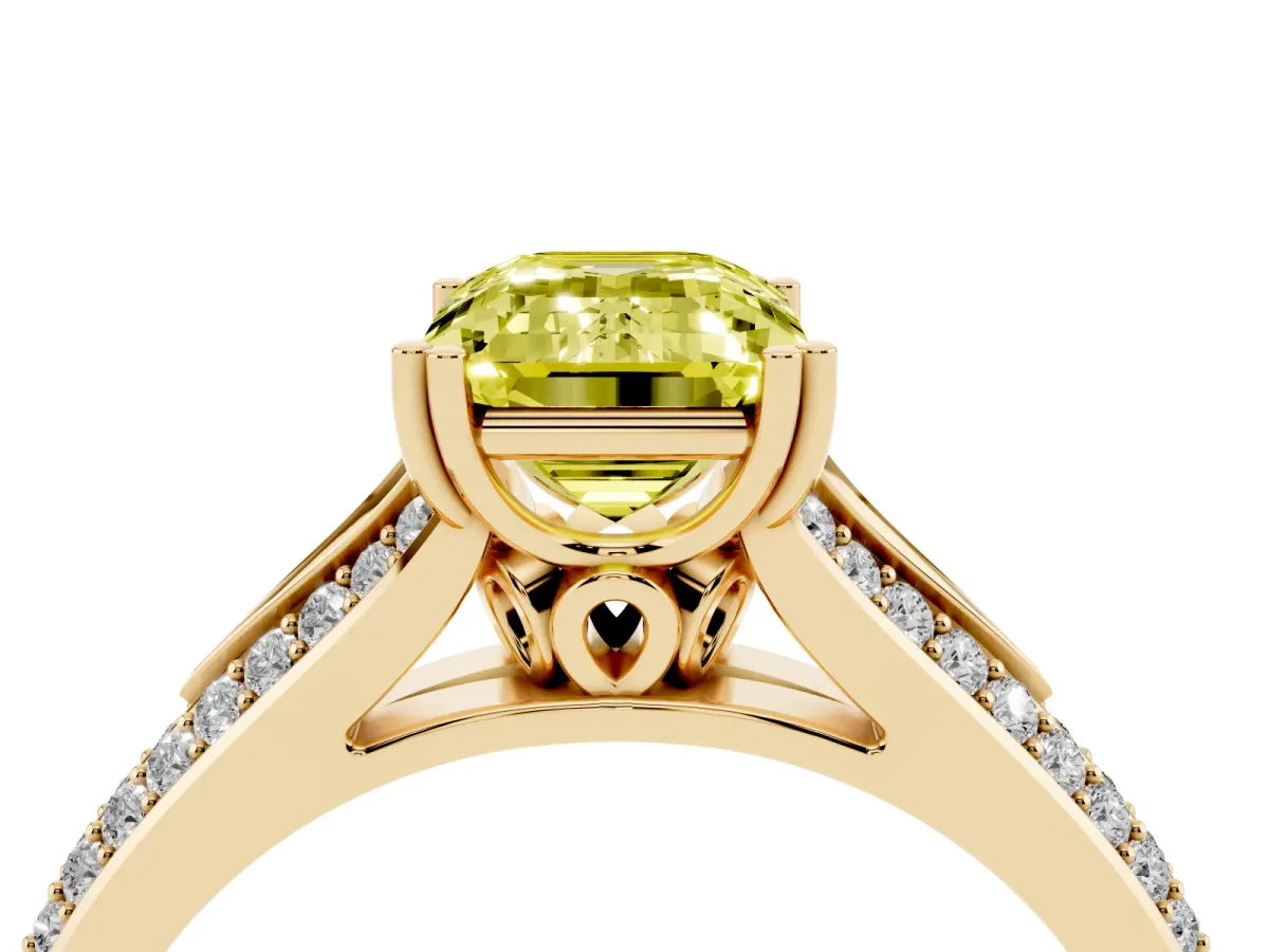 Fancy Yellow Emerald Cut Diamond Split Shank Engagement Ring with Pavé Band Yellow gold