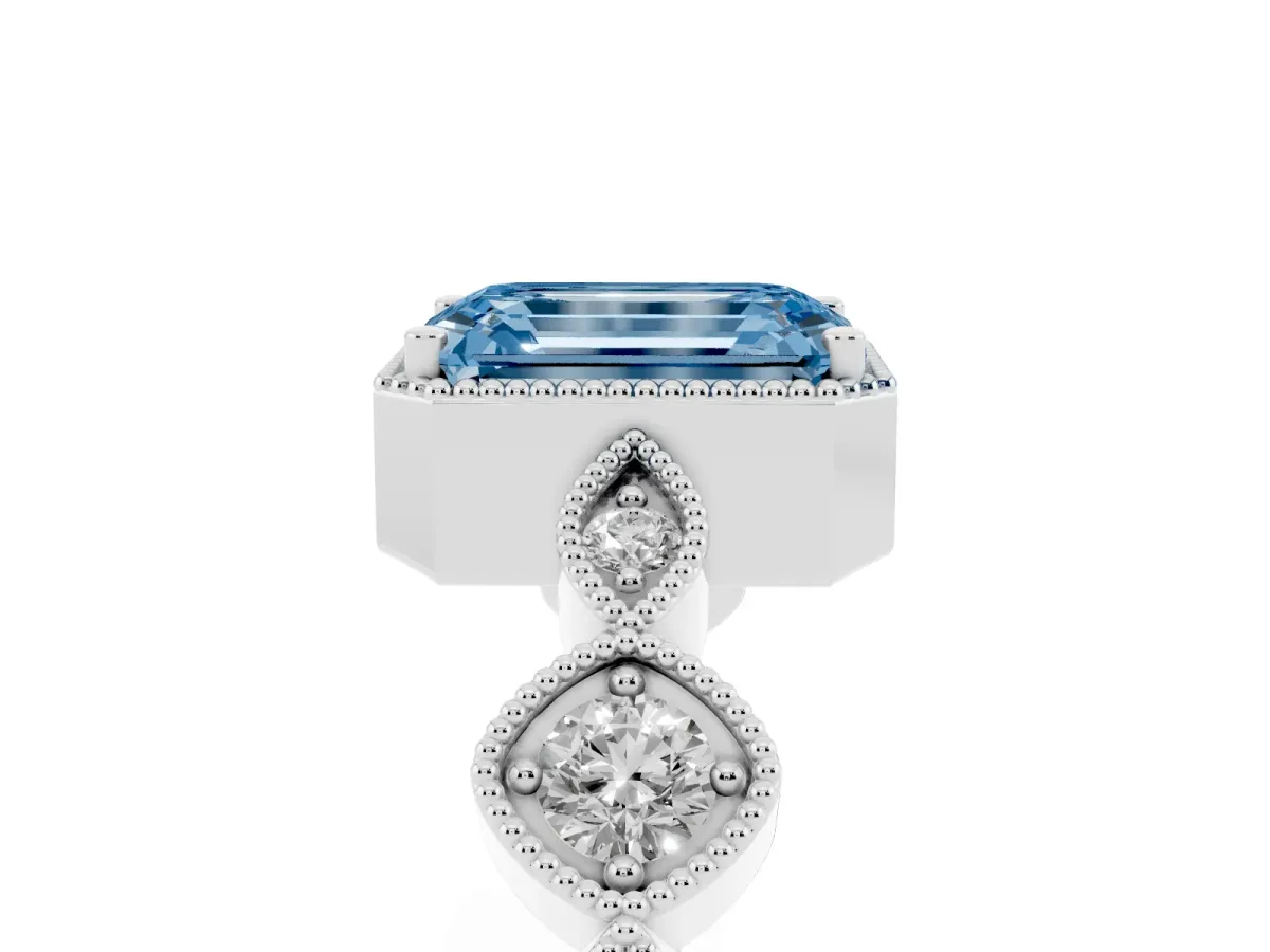 Fancy Blue Emerald Cut Diamond Vintage Milgrain Ring with Round Stations Platinum