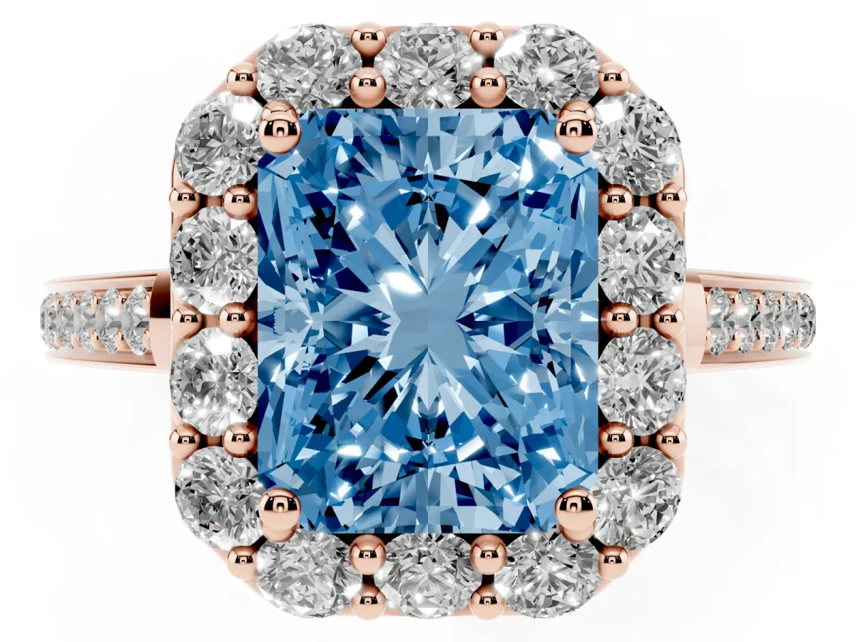Fancy Blue Radiant Cut Diamond Floral Halo Ring with Pavé Band and Prong Setting Rose gold