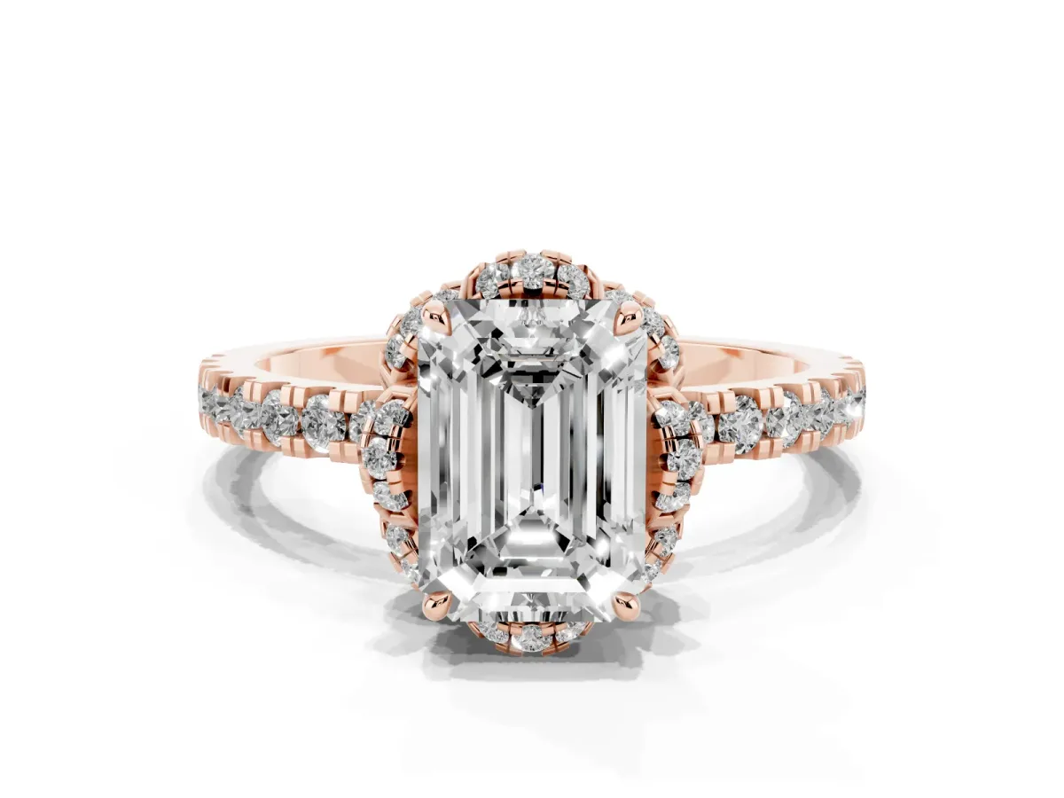 Emerald Cut Diamond Halo Pave Band with Four-Prong Setting Rose gold