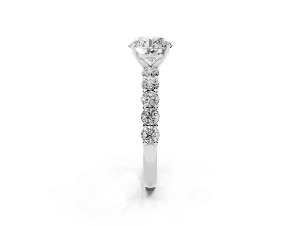 Round Cut Diamond Solitaire Ring with Shared Prong Round Side Stones Silver