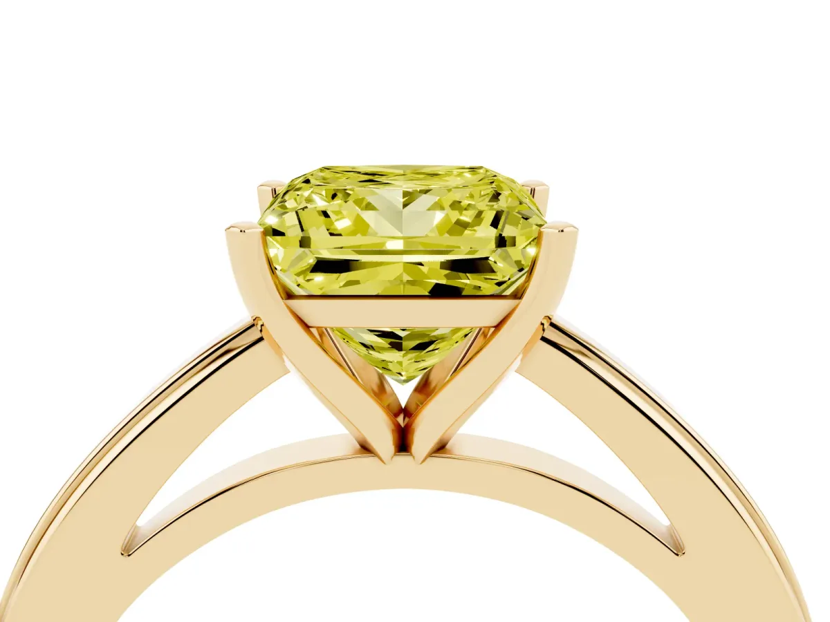 Fancy Yellow Princess Cut Solitaire Diamond Ring with Four-Prong Setting and Classic Band Yellow gold