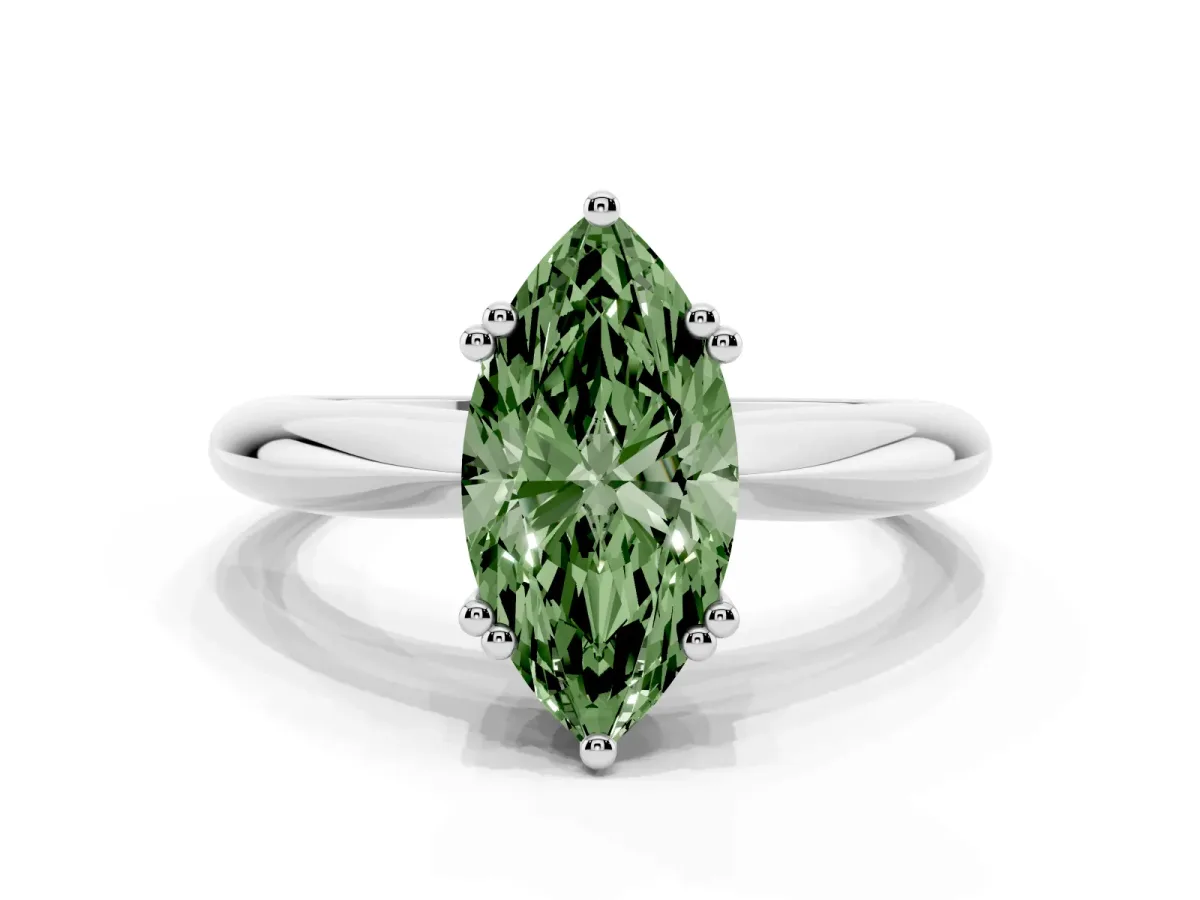 Fancy Green Marquise Cut Cut Solitaire Engagement Ring with Tapered Band and Four-Prong Setting Platinum