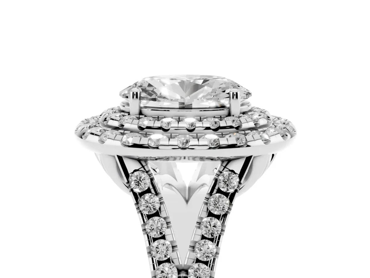Double Halo Oval Cut Diamond Pavé Split Shank Ring with Prong Setting Silver
