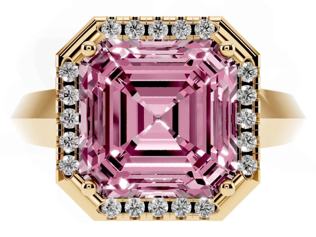 Fancy Pink Asscher Cut Halo Diamond Ring with Cathedral Band and Four-Prong Setting Yellow gold