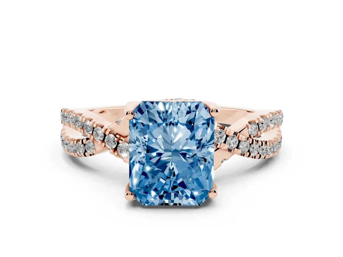 Fancy Blue Radiant Cut Solitaire Twist Pave Diamond Engagement Ring with Prong Setting Rose gold