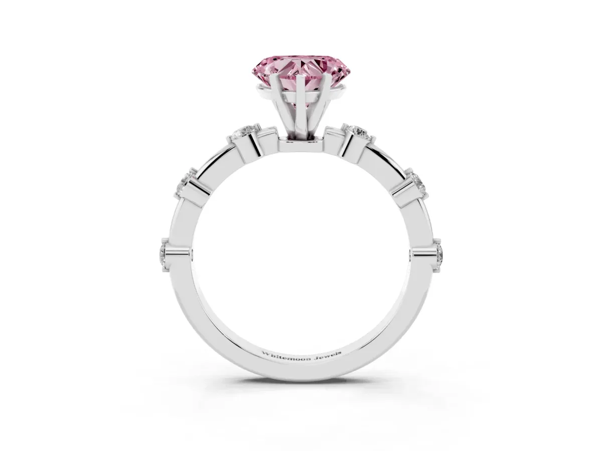Fancy Pink Heart Cut Solitaire Diamond Ring with Bezel Set Side Stones and Prong Setting Silver
