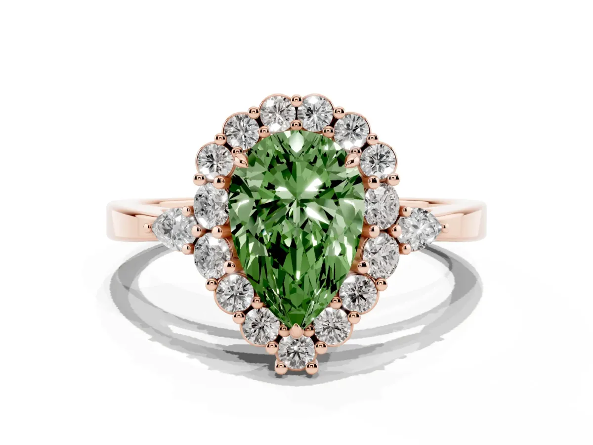 Fancy Green Pear Cut Diamond Halo Ring with Pear Side Stones and Prong Setting Rose gold