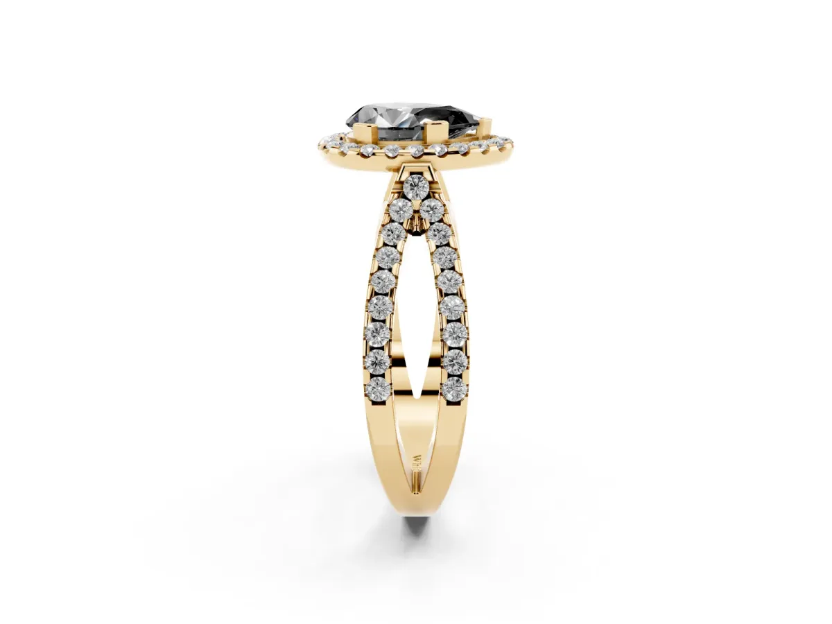 Fancy Black Pear Cut Diamond Halo Ring with Split Shank Pavé Band and Prong Setting Yellow gold