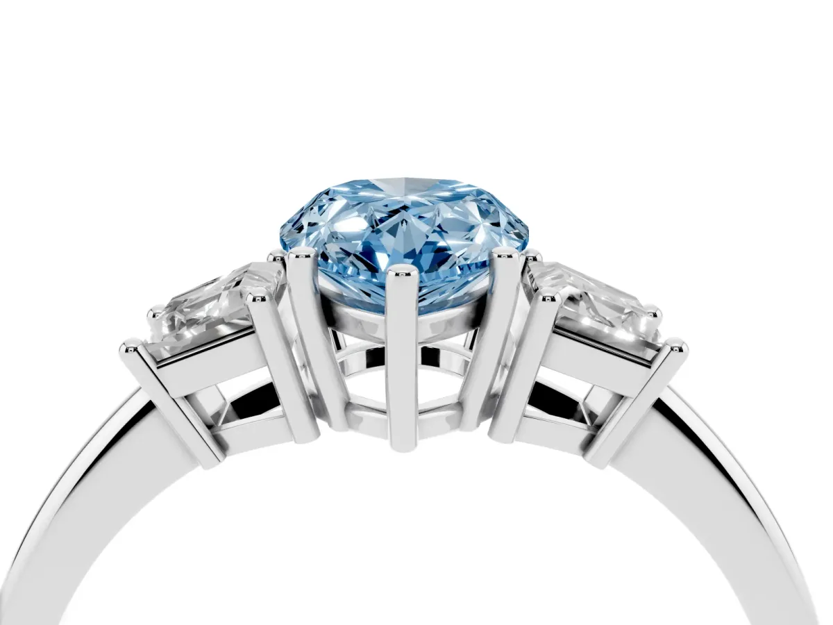 Fancy Blue Pear Cut Diamond Three-Stone Ring with Trapezoid Side Stones and Prong Setting Platinum