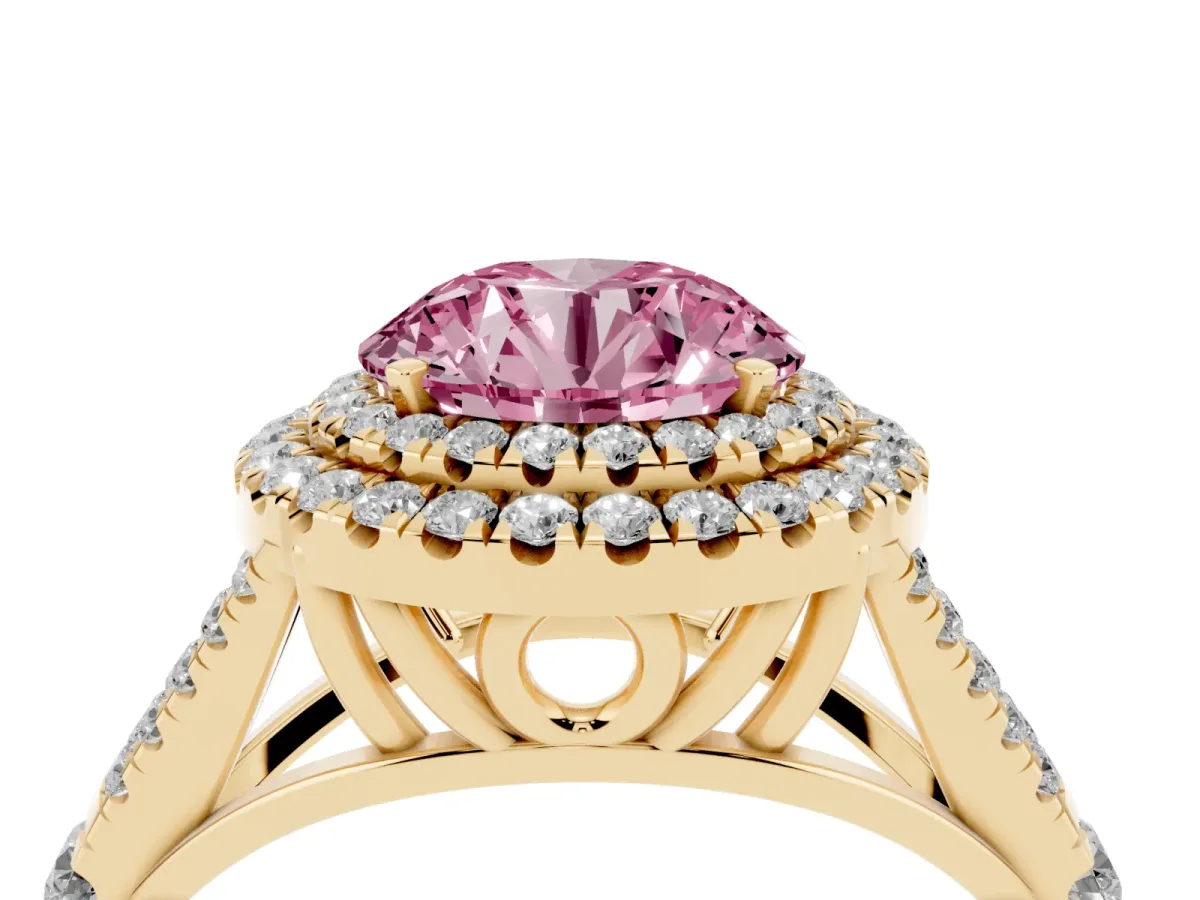 Fancy Pink Round Cut Cut Double Halo Split Shank Diamond Ring with Prong Setting Yellow gold