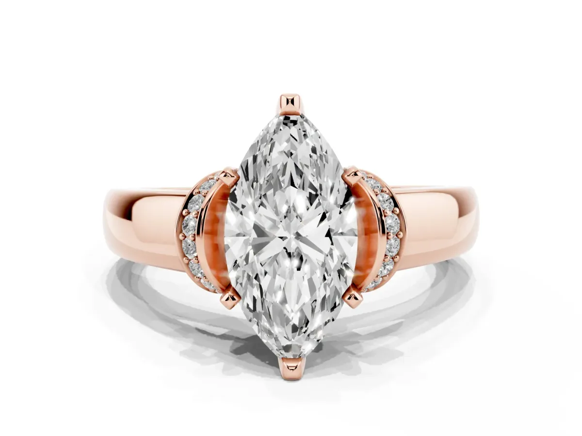 Marquise Cut Solitaire Diamond Ring with Pave Band and Six-Prong Setting Rose gold
