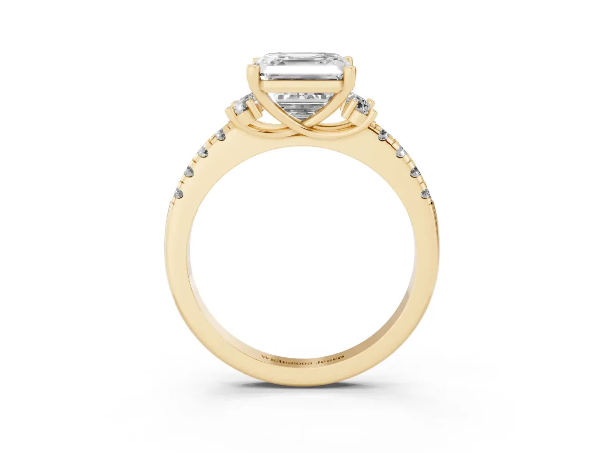 Asscher Cut Diamond Three-Stone Pave Band with Four-Prong Setting Yellow gold