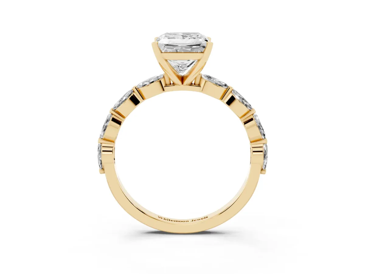 Princess Cut Diamond Ring with Marquise Side Stones and Prong Setting Yellow gold