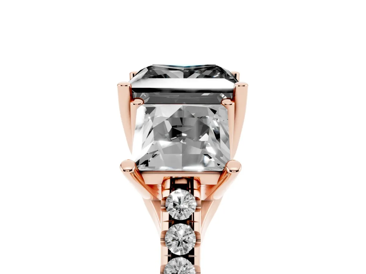 Fancy Black Three-Stone Princess Cut Diamond Ring with Round Pavé Band and Prong Setting Rose gold