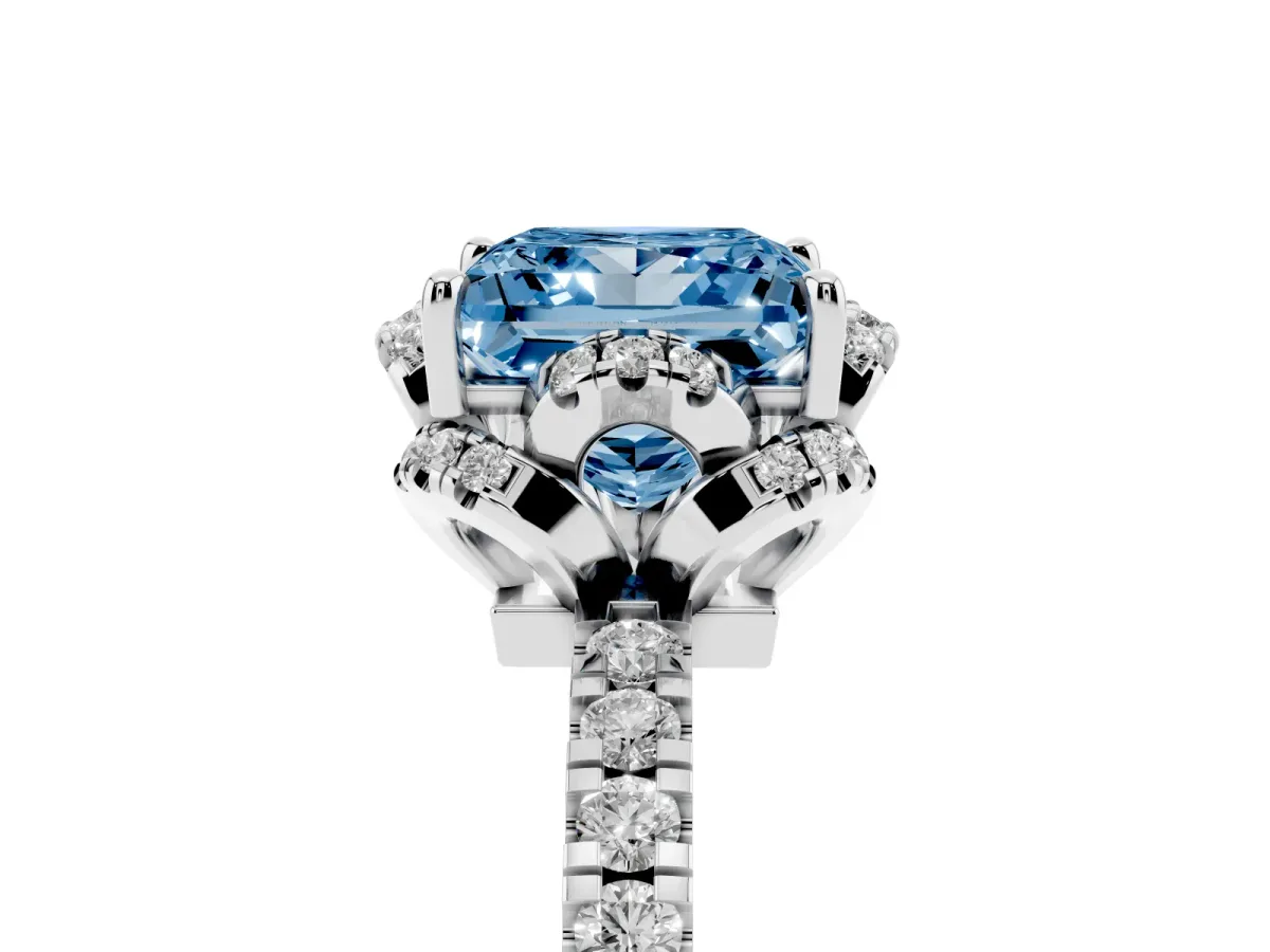 Fancy Blue Princess Cut Halo Diamond Pave Band Ring with Four-Prong Setting Platinum
