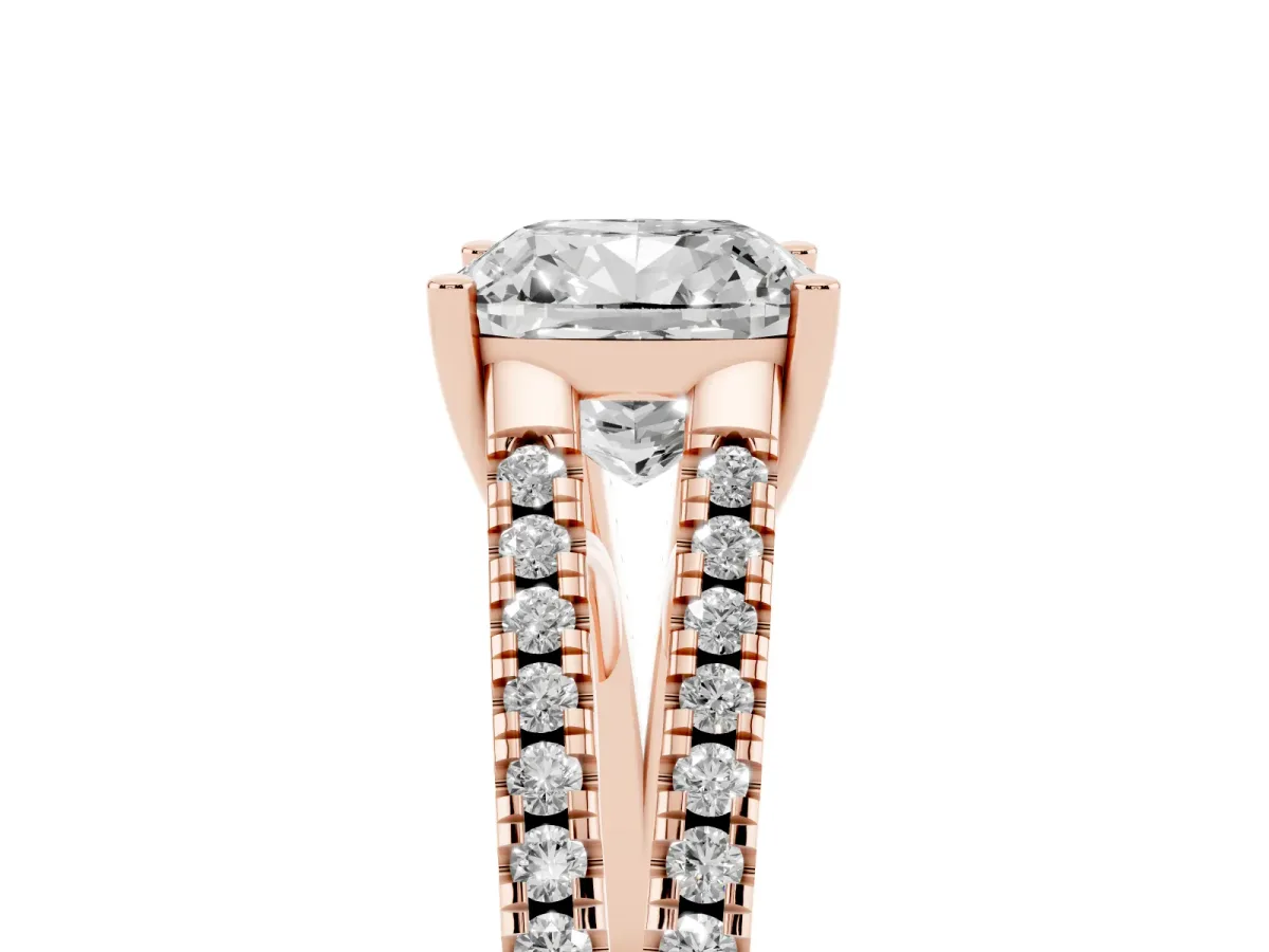 Cushion Cut Diamond Solitaire Engagement Ring with Split Shank Pavé Band Rose gold