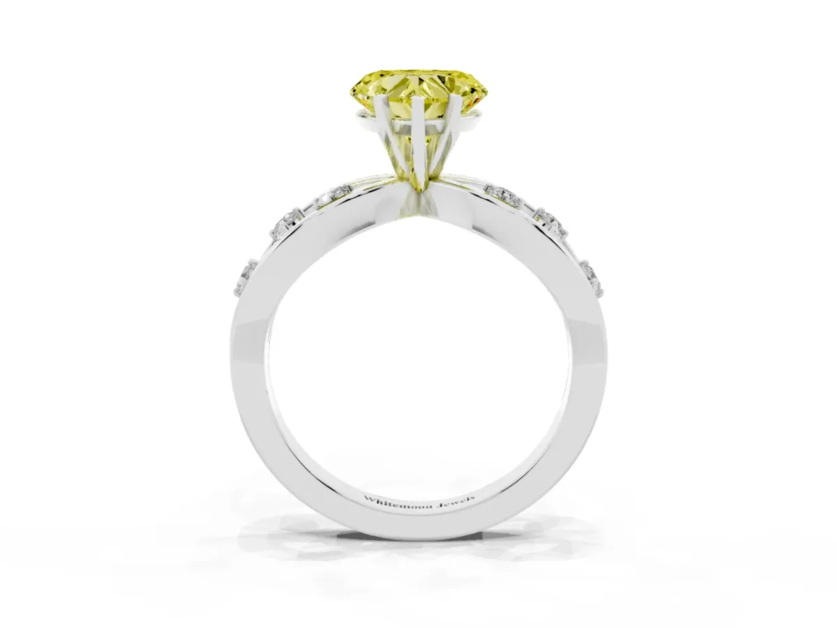 Fancy Yellow Heart Cut Cut Solitaire Diamond with Side Stones on Criss-Cross Band and Four-Prong Setting Silver
