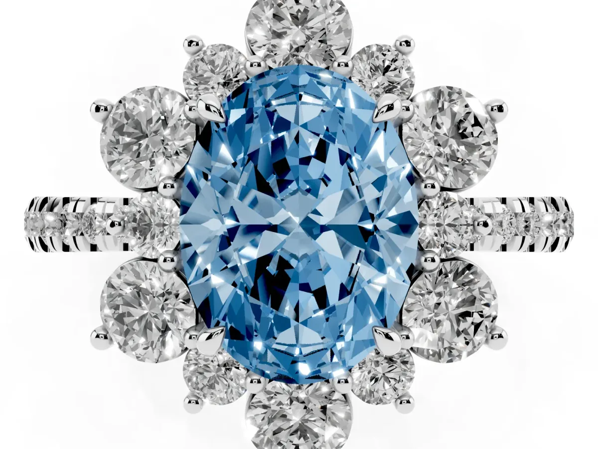 Fancy Blue Oval Cut Diamond Floral Halo Ring with Round Pavé Band and Prong Setting White gold