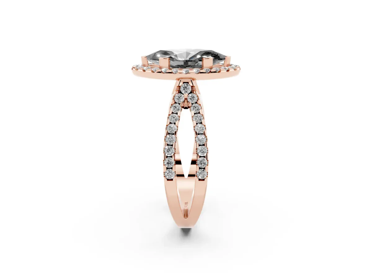 Fancy Black Marquise Cut Diamond Halo Ring with Split Shank Pavé Band and Prong Setting Rose gold