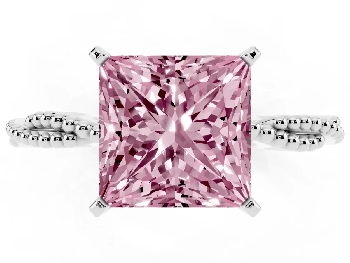 Fancy Pink Princess Cut Solitaire Twisted Band with Bead Prong Setting Platinum