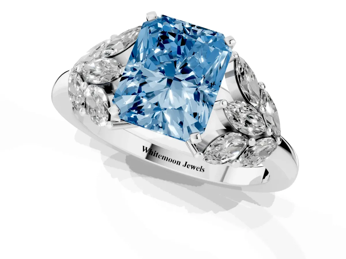 Fancy Blue Radiant Cut Diamond Cluster Leaf Design Ring with Prong Setting Silver