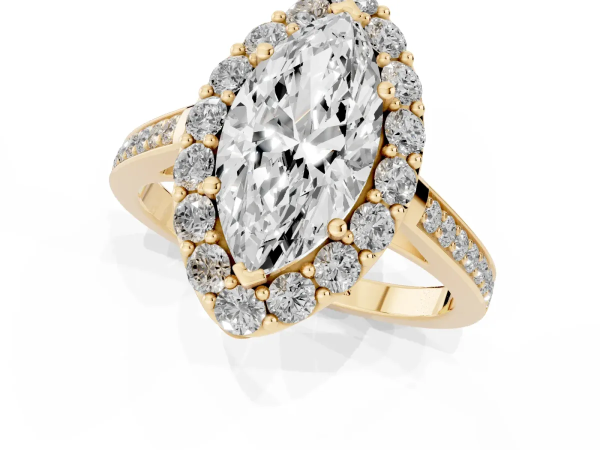 Marquise Cut Diamond Floral Halo Ring with Pavé Band and Prong Setting Yellow gold