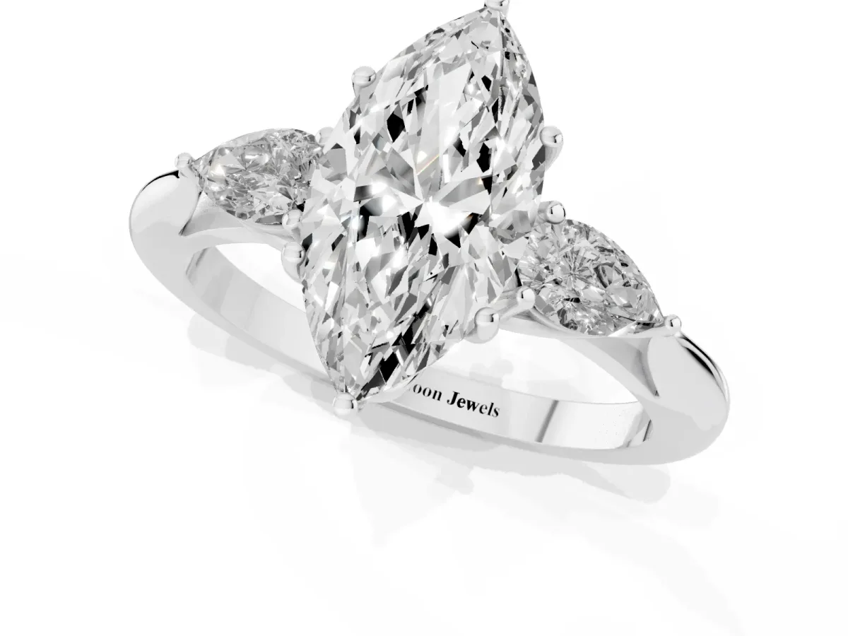 Marquise Cut Diamond Three-Stone Ring with Pear Side Stones and Prong Setting Silver