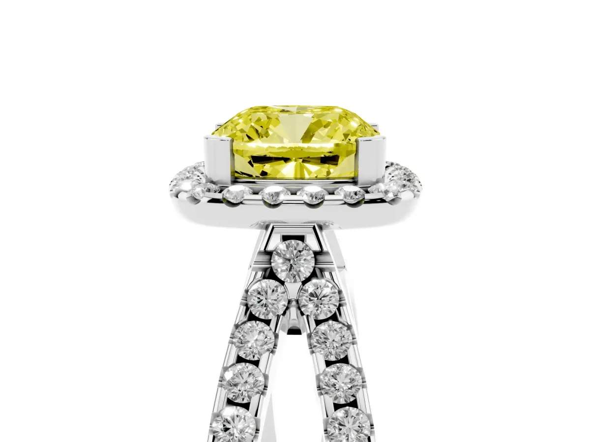 Fancy Yellow Cushion Cut Diamond Halo Ring with Split Shank Pavé Band and Prong Setting Platinum