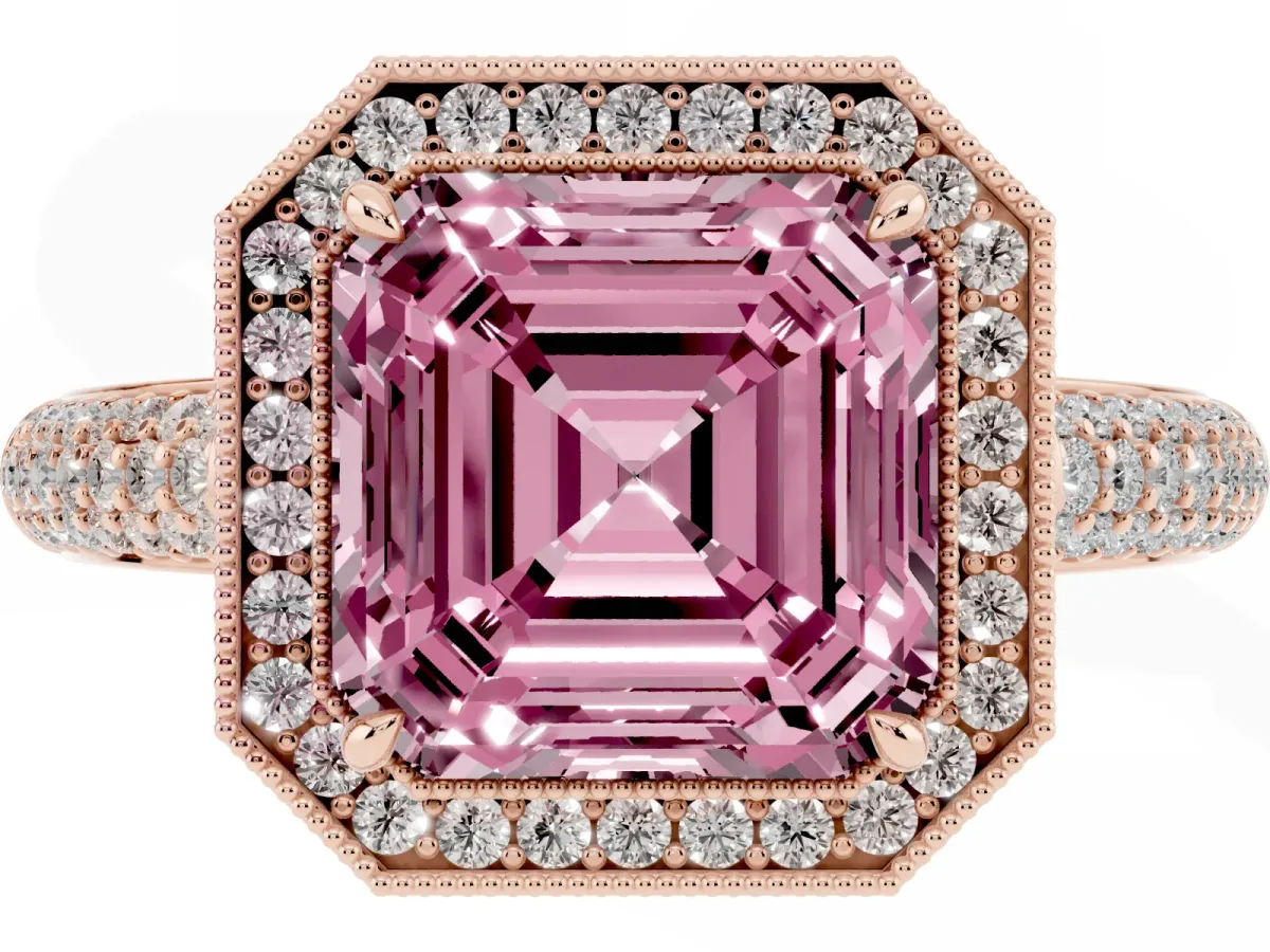 Fancy Pink Asscher Cut Cut Halo Diamond Pave Band with Four-Prong Setting Rose gold