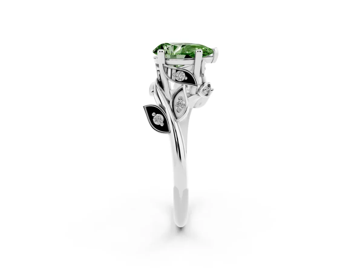 Fancy Green Pear Cut Solitaire Twist Engagement Ring with Leaf Accents and Prong Setting Silver
